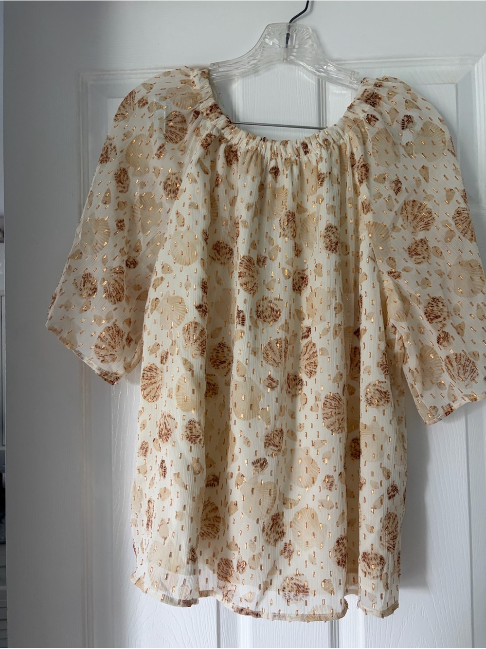LOFT Cream Blouse with Gold Metallic Print